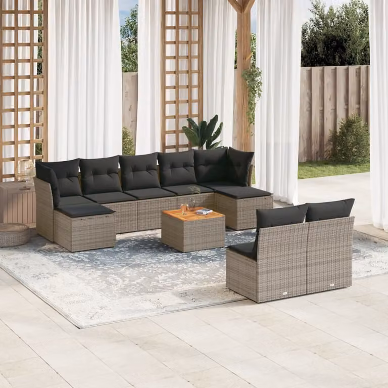 vidaXL Set Divano da Giardino 10 pz a Forma a L in Polyrattan con Cuscini Grigio e Marrone e Tavolino da Esterno