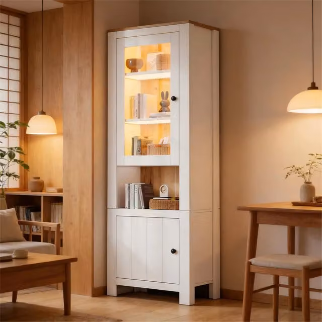 Armadio alto vetrina - Zephmum- 70x40x188 cm - Bianco + colore legno naturale - 2 ante, 6 ripiani regolabili, retro in legno, vetrina con LED