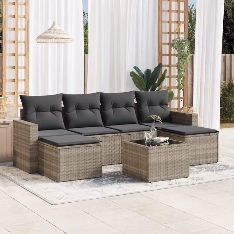 Set Divani da Giardino vidaXL 7 Pezzi in Polyrattan Grigio con Cuscini e Tavolino