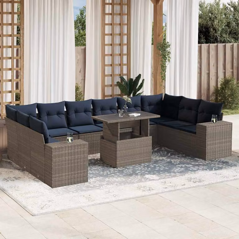 Set di divani da giardino vidaXL in polyrattan grigio con 11 pezzi, inclusi cuscini e tavolino da esterno