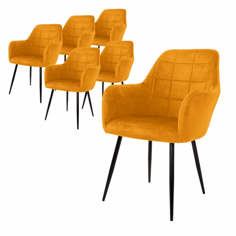 ML-Design set di 6 sedie da pranzo con schienale e braccioli, giallo senape, sedia da cucina con rivestimento in velluto, sedia imbottita con gambe in metallo