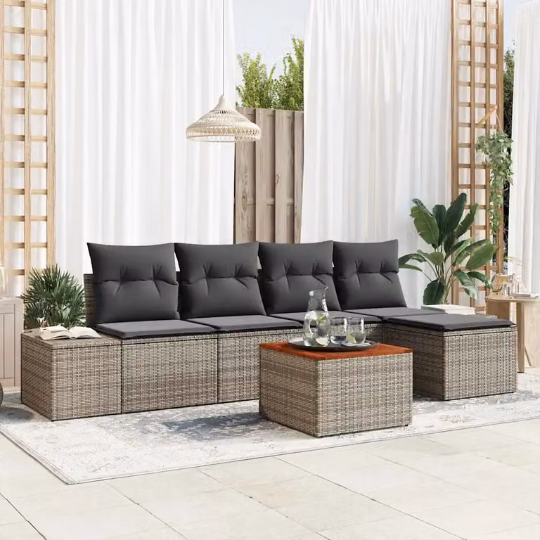 Set Divano da Giardino a L vidaXL in Polyrattan Grigio con 6 Pezzi e Cuscini Inclusi