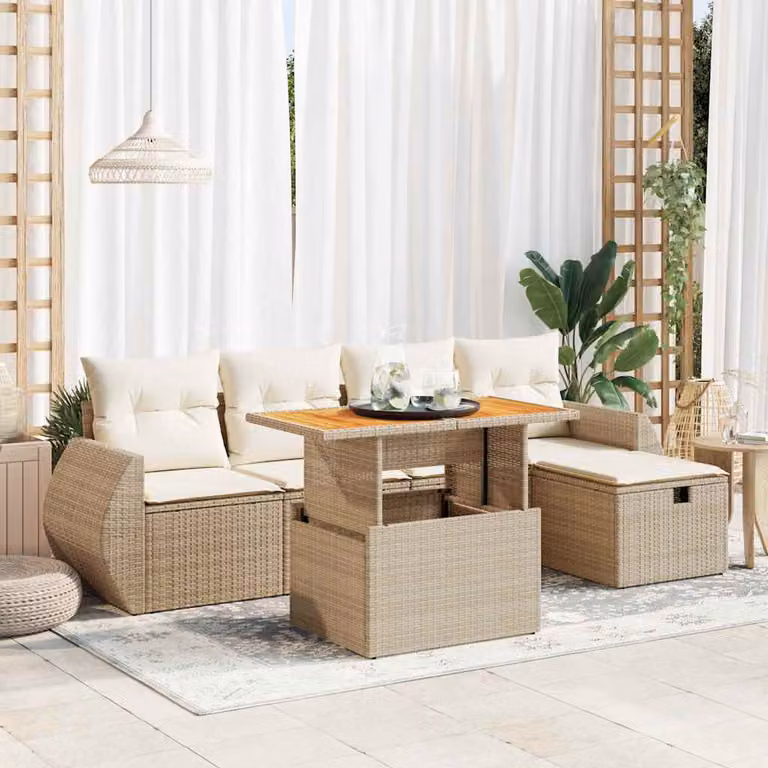Set Divano da Giardino vidaXL 6 pz in Polyrattan e Legno di Acacia con Cuscini Beige e Bianco per Terrazza e Giardino