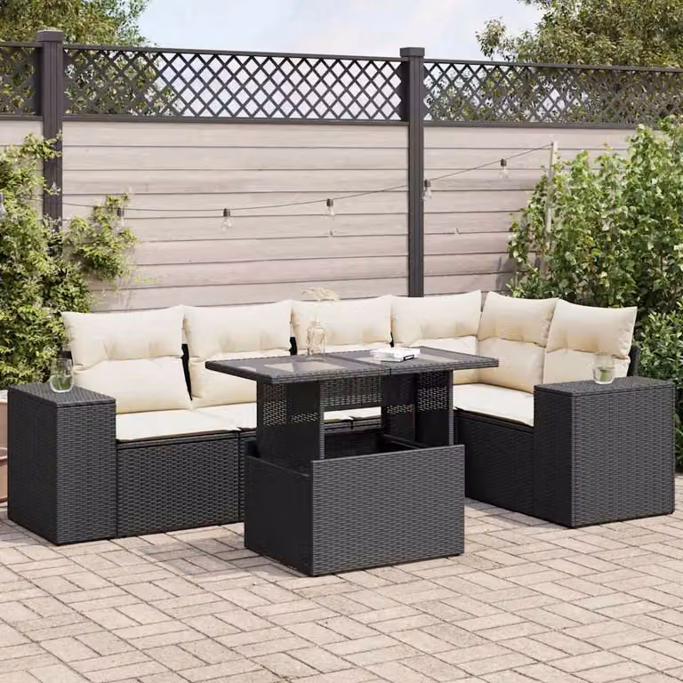 Set Divano da Giardino vidaXL 6 pz a L con Cuscini e Tavolino, Polyrattan Nero e Bianco