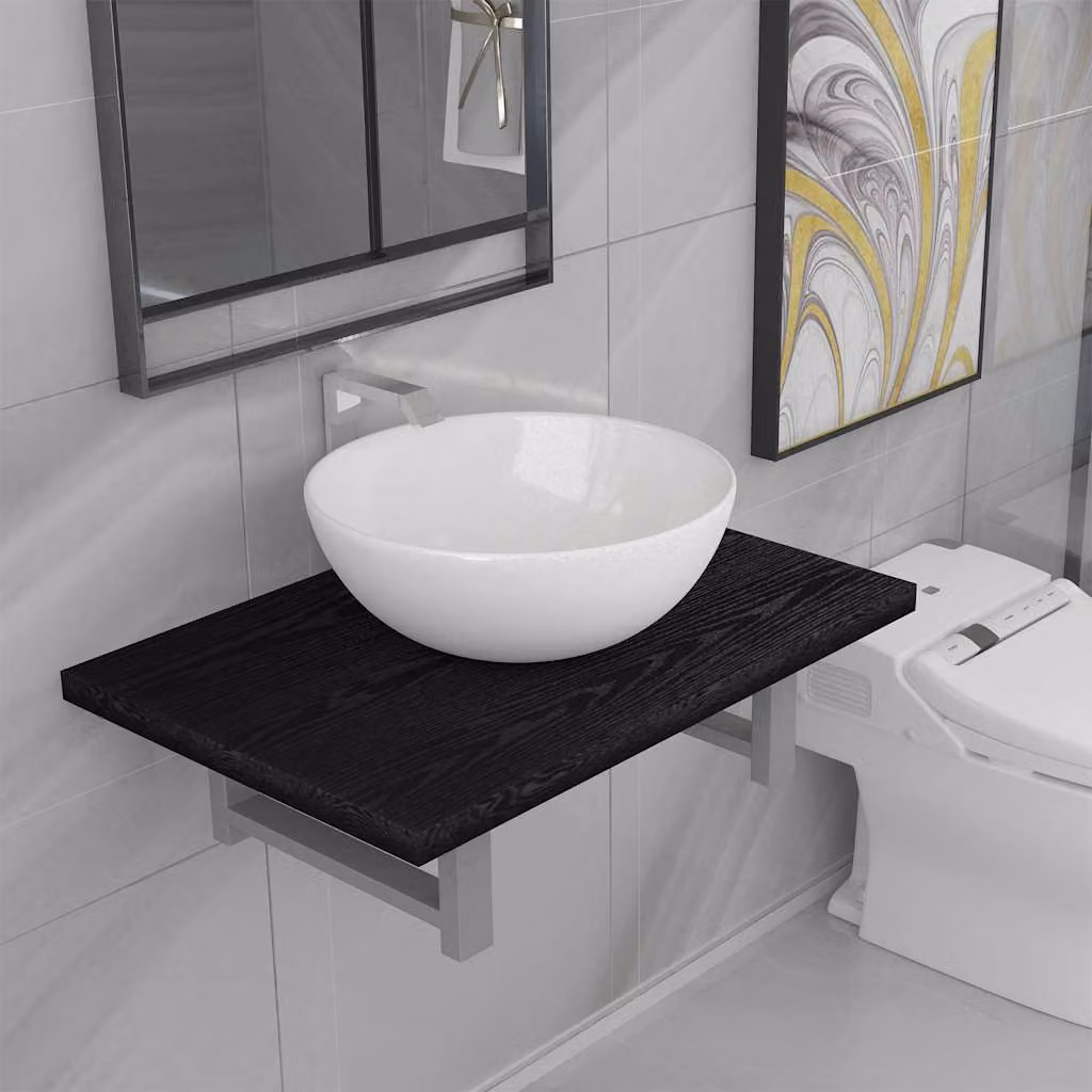 Set Mobili da Bagno Moderno vidaXL in Ceramica e Legno, 2 Pezzi, Nero e Bianco, Montaggio a Parete