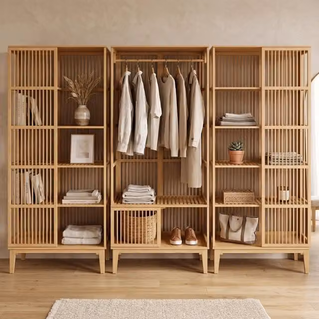 Set Organizzatore Guardaroba en.casa in Bambù Beige con 1 Armadio Aperto e 2 Scaffali L/P/H: 185 x 45 x 240 cm
