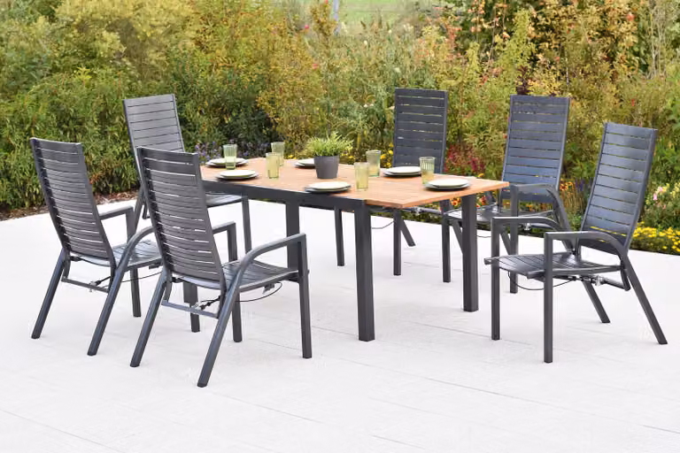 Set di mobili da giardino Merxx Siros, 7 pezzi, 6 poltrone regolabili tramite molla a gas, tavolo allungabile 150 (200) x 90 cm - Acacia/Alluminio