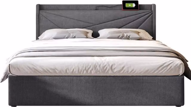 Letto matrimoniale contenitore 160x200 con testiera USB e USB-C; rete a doghe; rivestimento grigio effetto lino