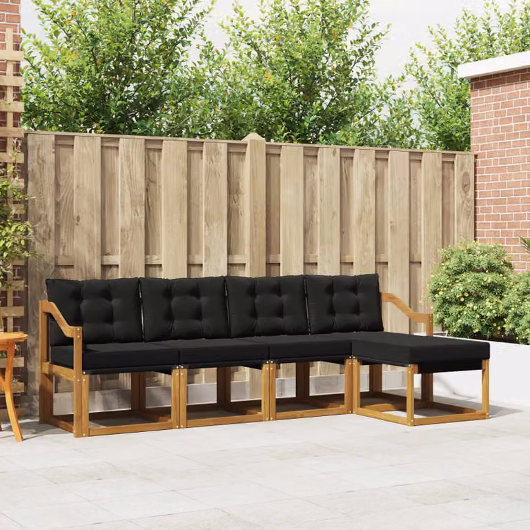 vidaXL Set di divani da esterno a L in legno di acacia con pouf e cuscini, Marrone e Nero