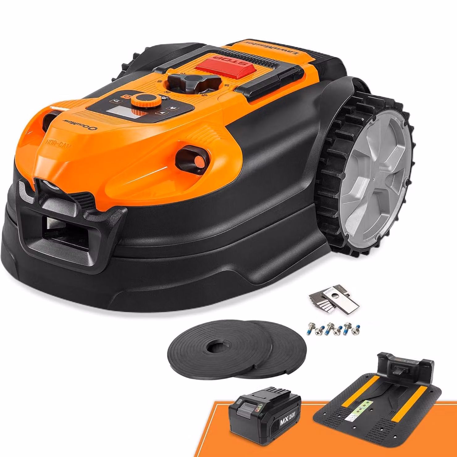Robot tosaerba LawnMaster senza cavo perimetrale per superfici fino a 500 m², batteria da 2 Ah, navigazione ottica, sistema di prevenzione degli ostacoli, stazione di ricarica automatica