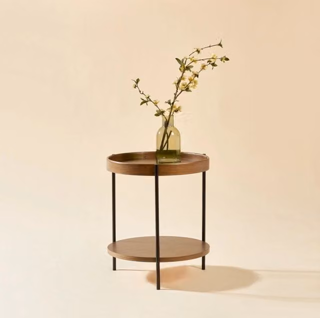 Tavolino da salotto rotondo ULEVR ?69x38 cm a 2 ripiani, legno massello e MDF con struttura in ferro nero, noce