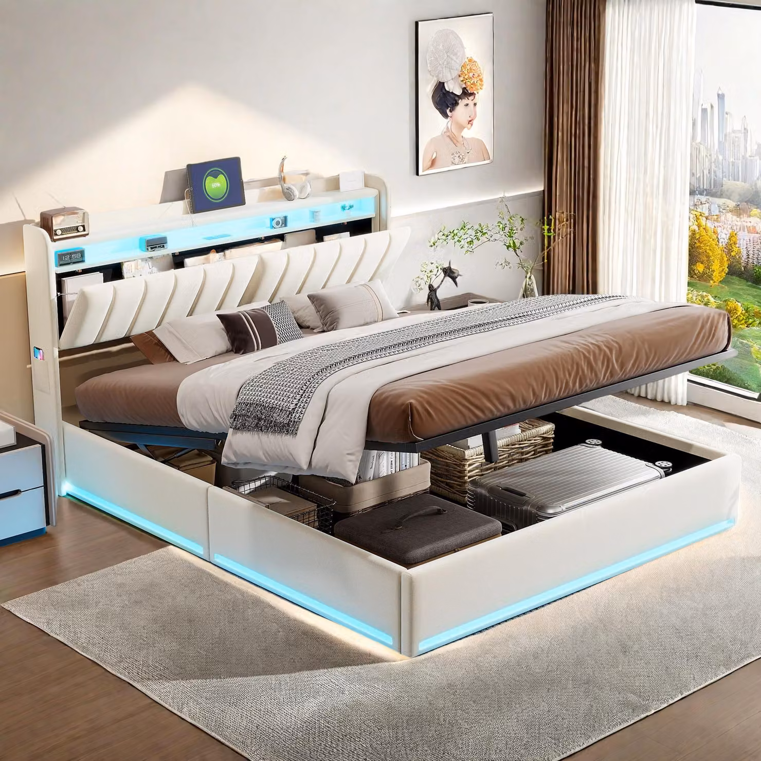Letto imbottito ProximaX 140×200 cm in beige - rivestimento in velluto, testata a LED, porta di ricarica USB e ripiano - spazio di archiviazione sotto il letto, moderno e pratico
