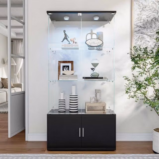 Vetrina in Vetro con LED e Serratura; Libreria a 4 Ripiani in Vetro Temperato con Mobiletto in Legno; 78;51x35x164 cm; per Soggiorno; Nero