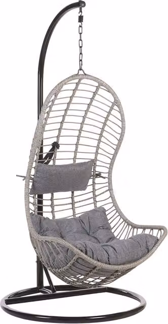 Sedia sospesa a uovo BELIANI in polyrattan grigio con struttura in metallo e cuscini inclusi per interni ed esterni in stile Boho