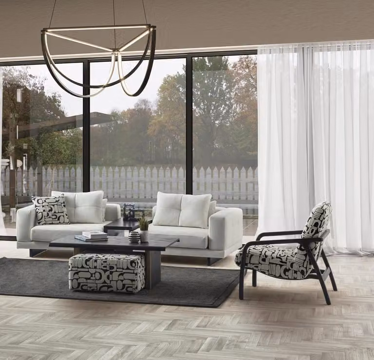 Weißes Wohnzimmer Set mit Sofa und Sessel aus Holz modern und elegant