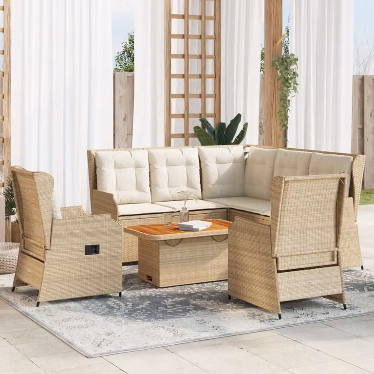 Set da esterno esclusivo per lounge, composto da 6 pezzi, con cuscini, in rattan sintetico beige