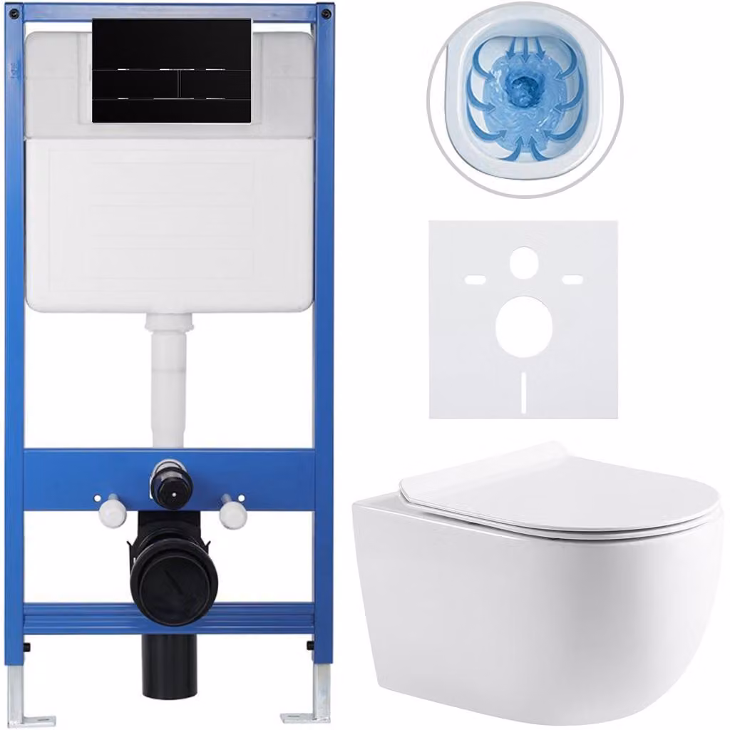 CERANO - Set completo per WC da incasso Lite/Felci - bianco lucido - pulsante WC Line, nero opaco - installazione a parete - 52,5x36 cm