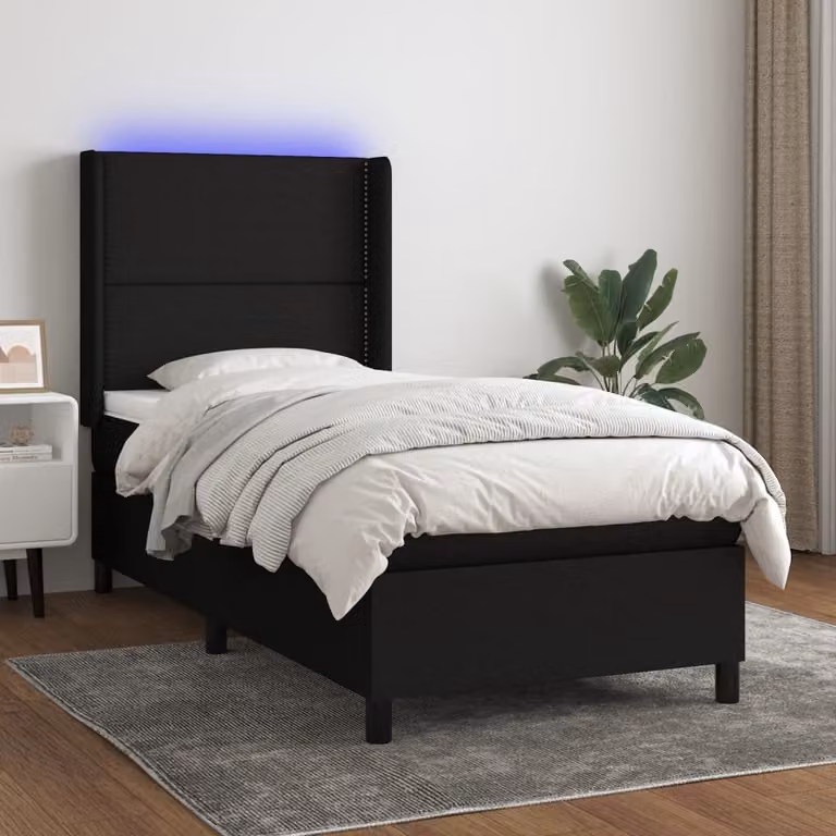The Living Store Letto a molle con materasso e LED nero 90x190 cm in tessuto