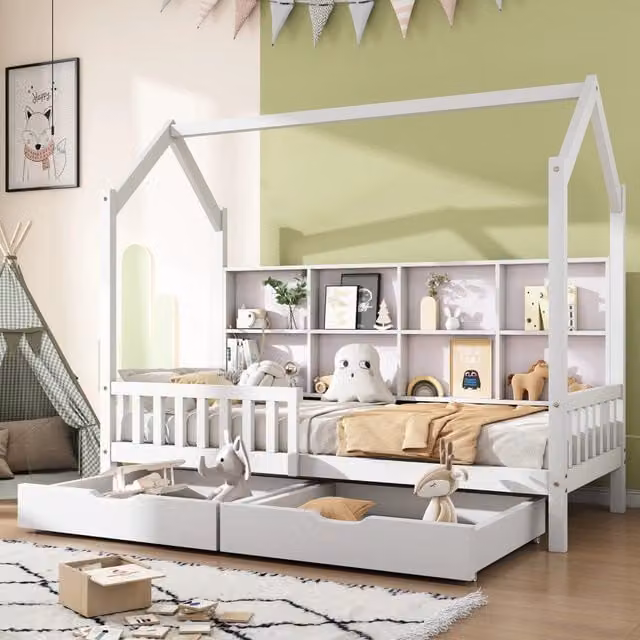Letto per bambini 90 × 200 cm con ripiani, 2 cassetti e barriera, senza materasso, in pino, bianco