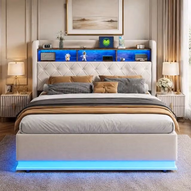 Letto imbottito 180 x 200 cm beige con LED, USB e vano contenitore