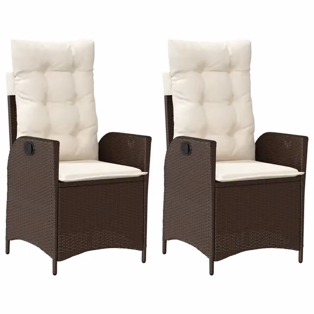 Set di 2 sedie reclinabili da giardino in polyrattan marrone con cuscini bianchi e struttura in metallo