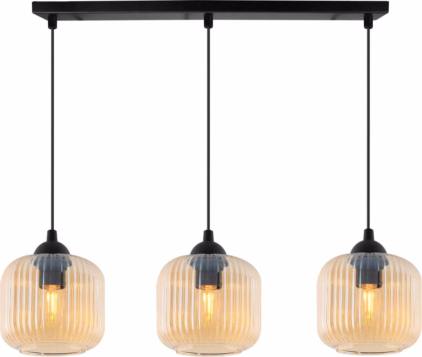 Lampada a sospensione RIFFLE nera a 3 luci, cilindro in vetro color ambra, attacco E27