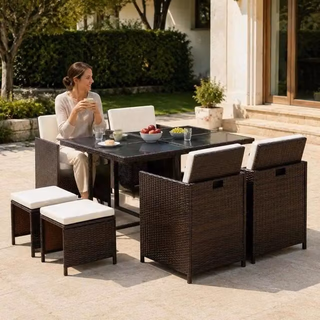 9-piece Garden Dining Set With Cushions, Poly Rattan, Brown