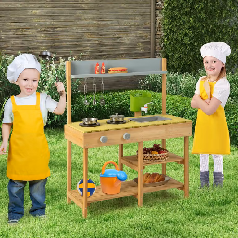 Cucina giocattolo Costway in legno marrone e multicolore con serbatoio d'acqua rimovibile e rubinetto realistico, L: 75 cm, P: 35 cm, H: 92 cm