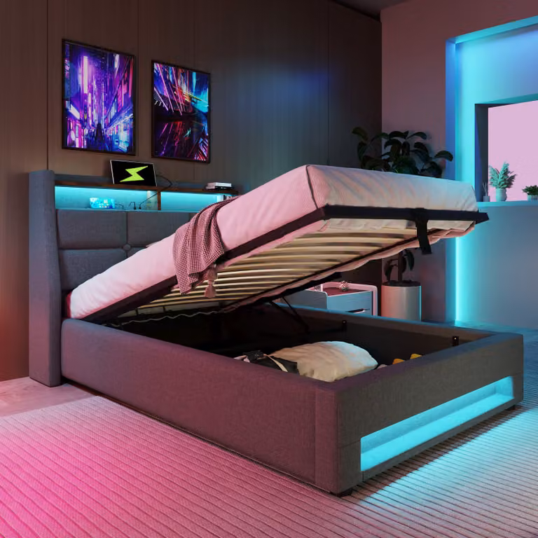 Letto imbottito Flieks 90x200cm con USB, letto per ragazzi letto singolo con rete a doghe e contenitore, letto contenitore con LED, lino, grigio