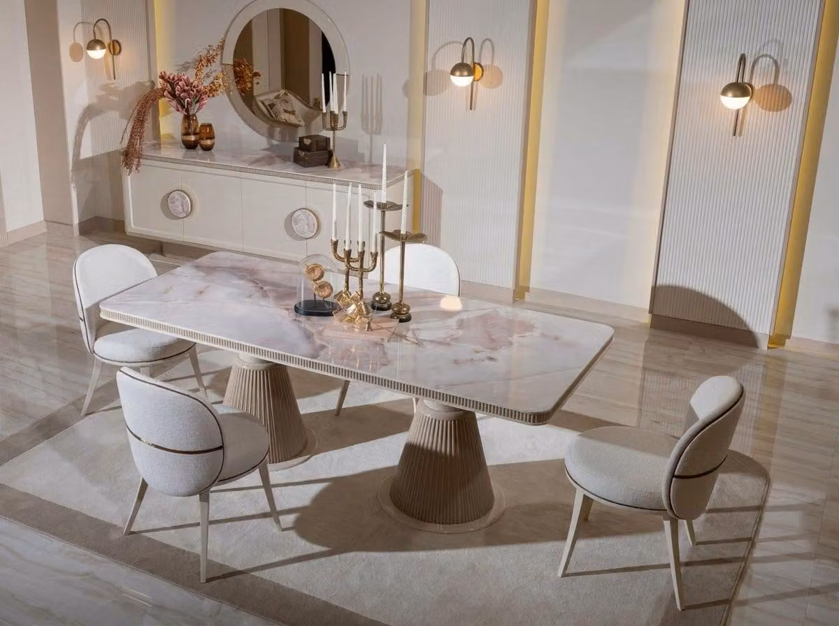 Set moderno per sala da pranzo: tavolo da pranzo sedie, credenza, specchio