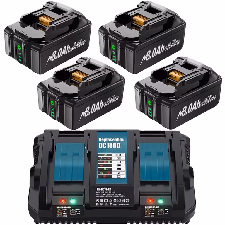 Batteria per utensili elettrici, capacità 8000 mAh, caratteristiche di sicurezza, 4 caricabatterie da 8,0 Ah e 6 A, 18 V