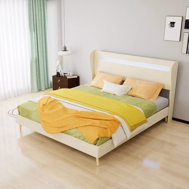 letto imbottito tessuto metallo beige 160 x 200 cm