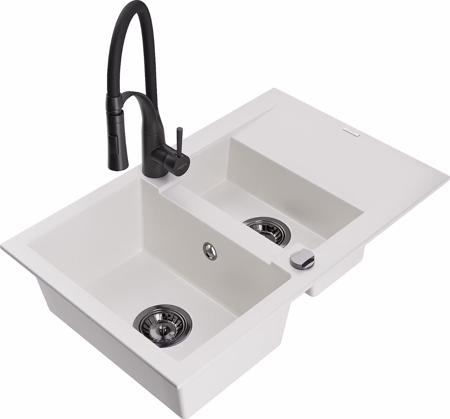Mexen Gaspar lavello in granito 1,5 vasche con sgocciolatoio e rubinetto da cucina Aster, bianco - 6507-20-73450-70-B
