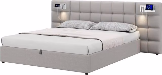 Letto contenitore 180x200 cm lino grigio con USB, ricarica wireless e lampada, senza materasso