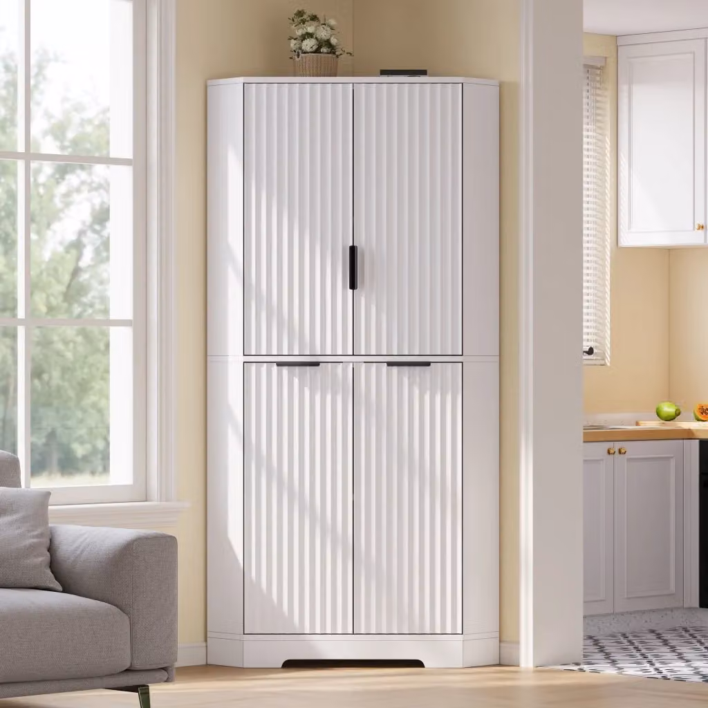 Mobile angolare moderno in MDF con 4 ante e ripiani regolabili, finitura bianca opaca, per cucina e soggiorno, L/P/H: 60 x 60 x 172 cm