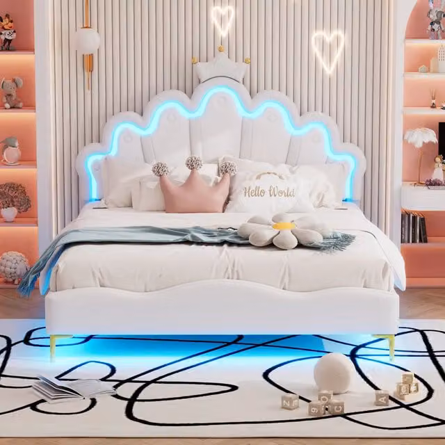 Letto matrimoniale 140x200 cm a corona bianco con LED e rivestimento in PU