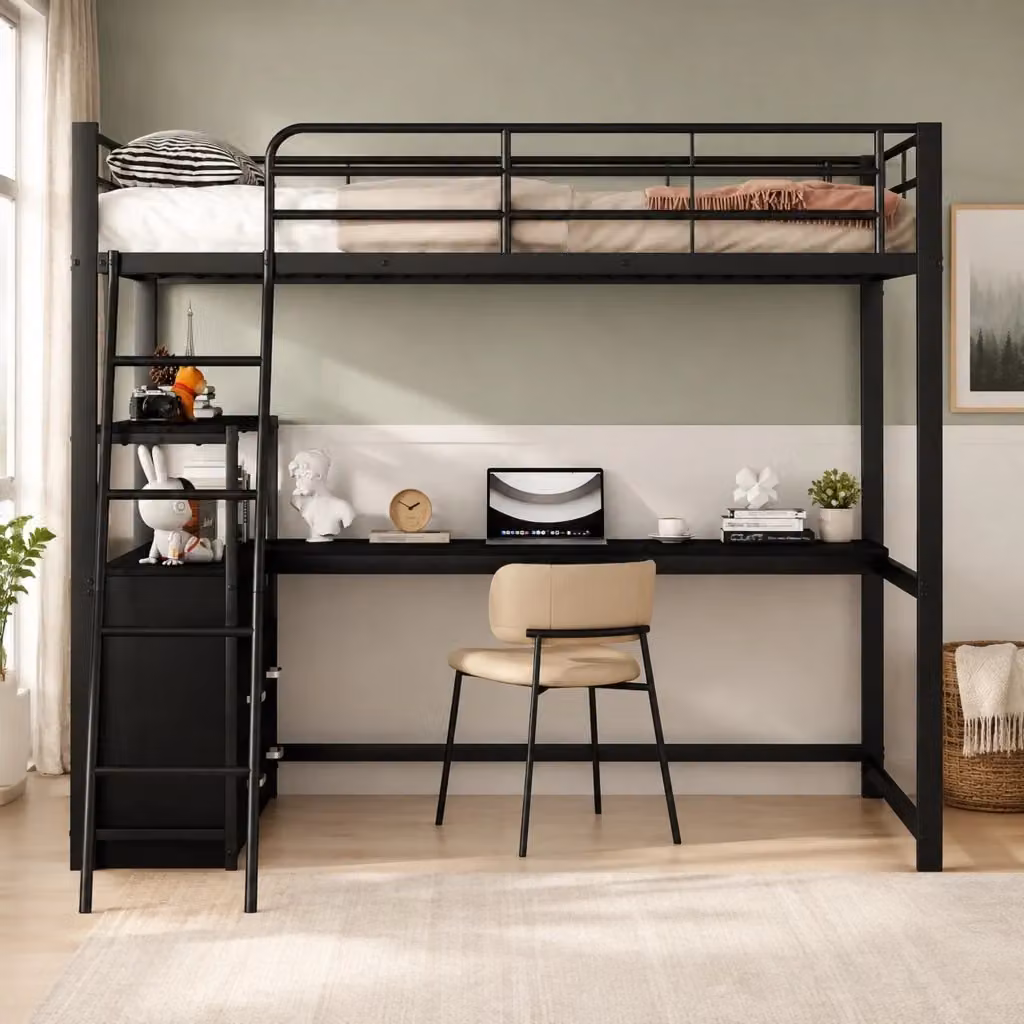 Letto a soppalco REDOM in metallo e MDF nero con scrivania e cassetti L/P/H: 204 x 140 x 200 cm – 2