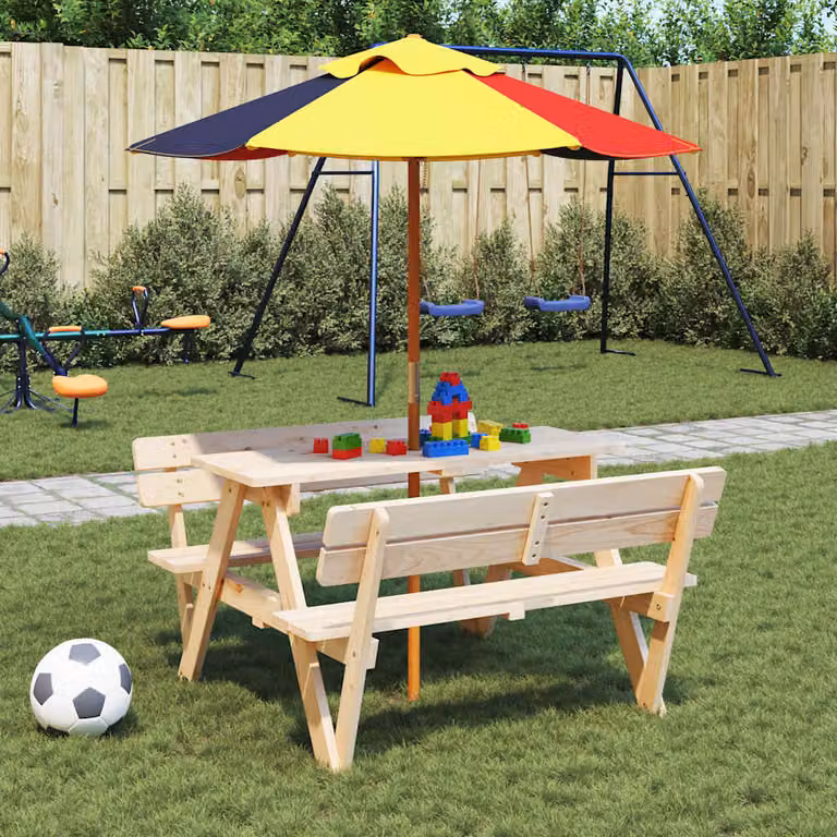 vidaXL Tavolo da Picnic per 4 Bambini in Legno di Abete con Ombrellone, Marrone/Multicolore, L: 108 cm, P: 54 cm, H: 90 cm