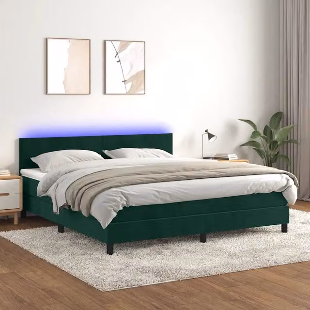 Letto Ibrido con Materasso e Illuminazione LED vidaXL in Velluto Verde Scuro L: 160 cm, P: 200 cm, H: 203 cm – 1