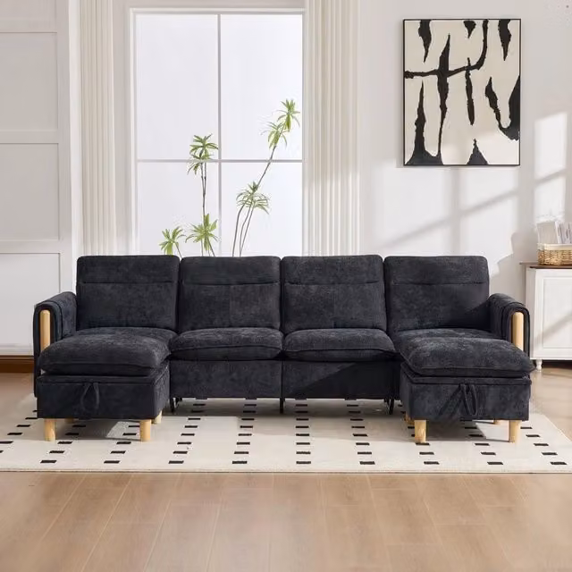Set divano angolare 4 posti ¨C Minimal ¨C velluto nero, gambe in legno, con poggiapiedi contenitore