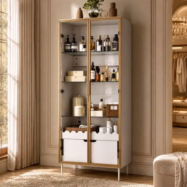 Vetrina con anta in vetro e cassetto, ripiani regolabili, per soggiorno e camera, MDF bianco e oro, 75 × 35 × 170.8 cm