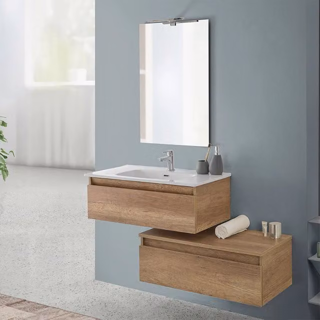 Mobile bagno sospeso Nadia in rovere naturale con base lavabo e cassetto, Larghezza: 80 cm, Profondità: 46 cm, Altezza: 27 cm