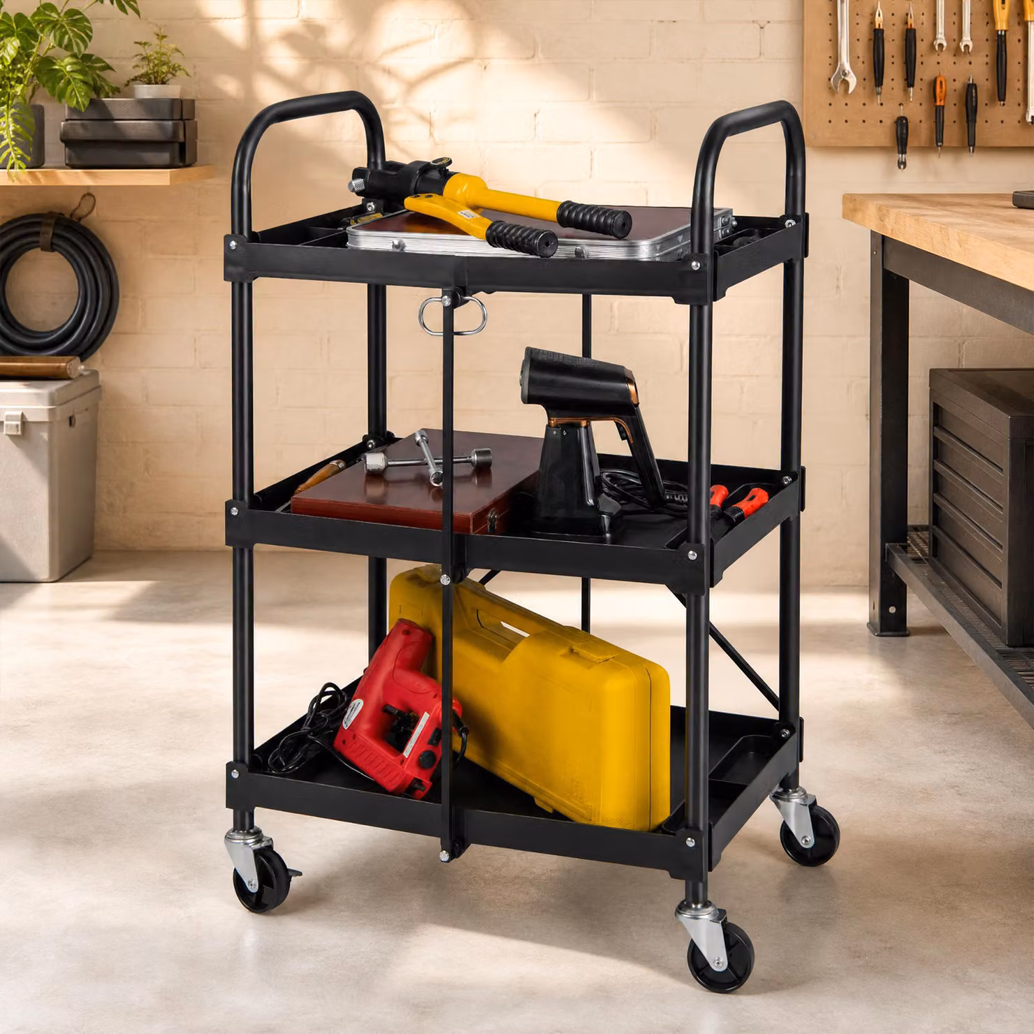 Carrello da cucina Costway a 3 piani in metallo nero con ruote e corrimano universali