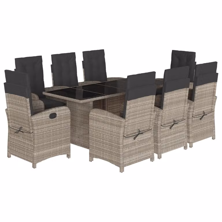 Set Pranzo da Giardino 9pz con Cuscini Grigio Chiaro Polyrattan