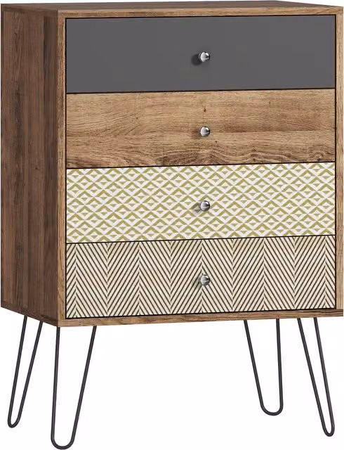 Cassettiera HOMCOM con 4 cassetti in stile boho e gambe a forcella in acciaio, Multicolore, L: 60 cm, P: 39 cm, H: 86 cm
