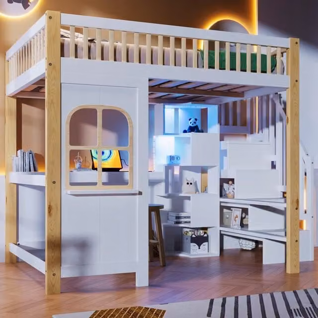 Letto a castello con scrivania e LED - Xylo - 140x200 - Bianco e legno