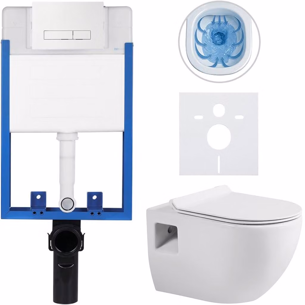 Set completo per WC da incasso, modello Lite/Dure, bianco lucido, composto da: pulsante per WC modello Slim, bianco, da incasso, dimensioni 51x35 cm