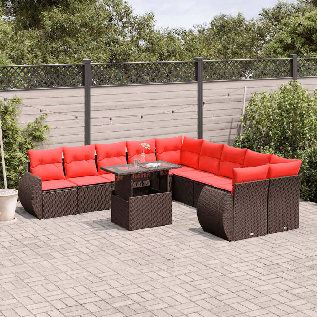 Set Divani da Giardino vidaXL 11 pz in Polyrattan Marrone con Cuscini e Tavolino da Esterno