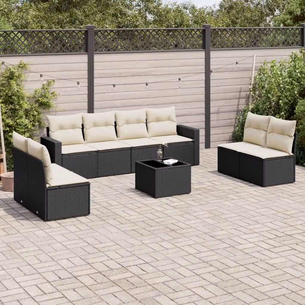 vidaXL Set Divani da Giardino 9 pz in Polyrattan Nero con Cuscini e Tavolino da Esterno – 1