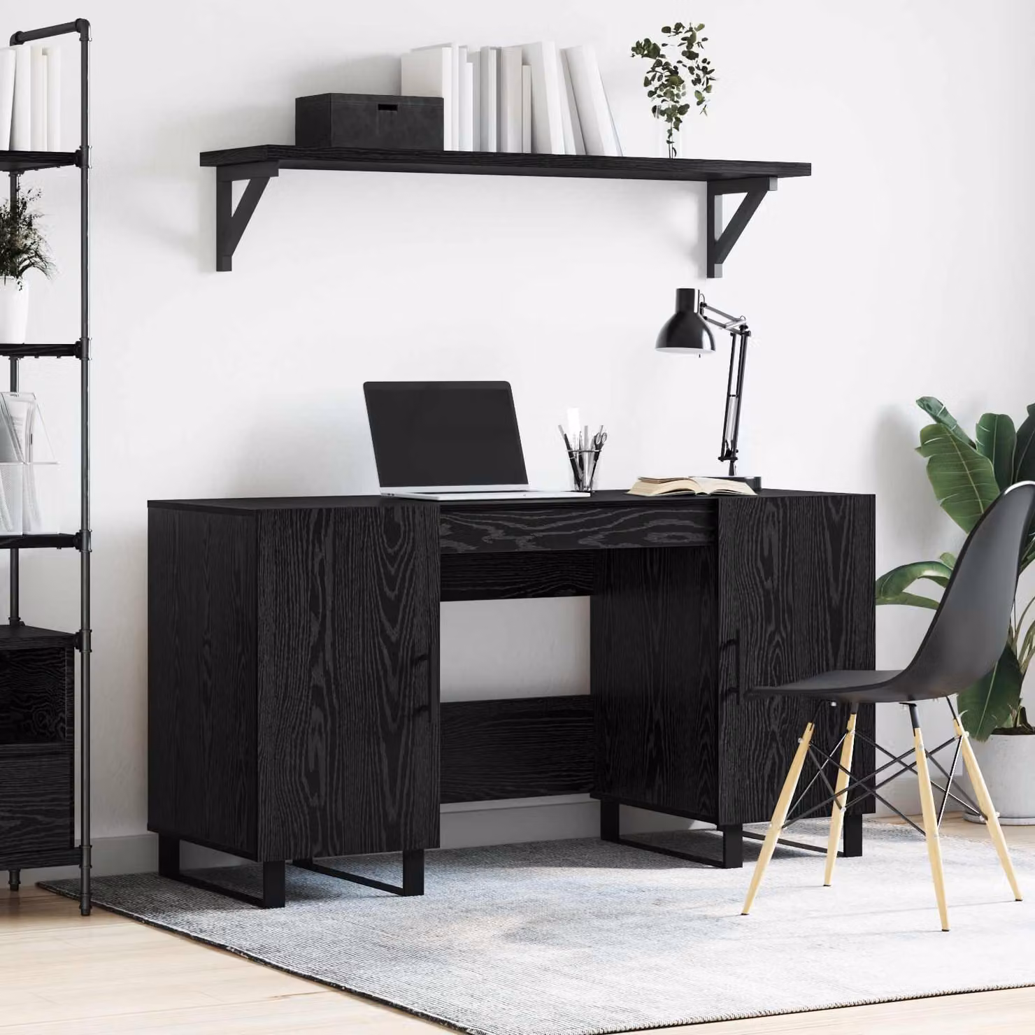Scrivania da ufficio vidaXL in legno e metallo colore nero e rovere L: 140 cm, P: 50 cm, H: 75 cm – 1